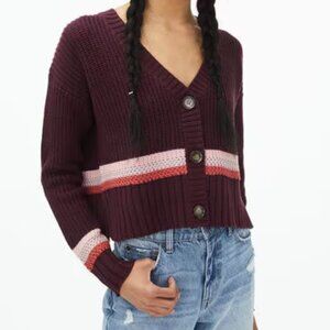 AEROPOSTALE Cropped Chunky Knit Maroon Striped Ribbed Cardigan Womens XS